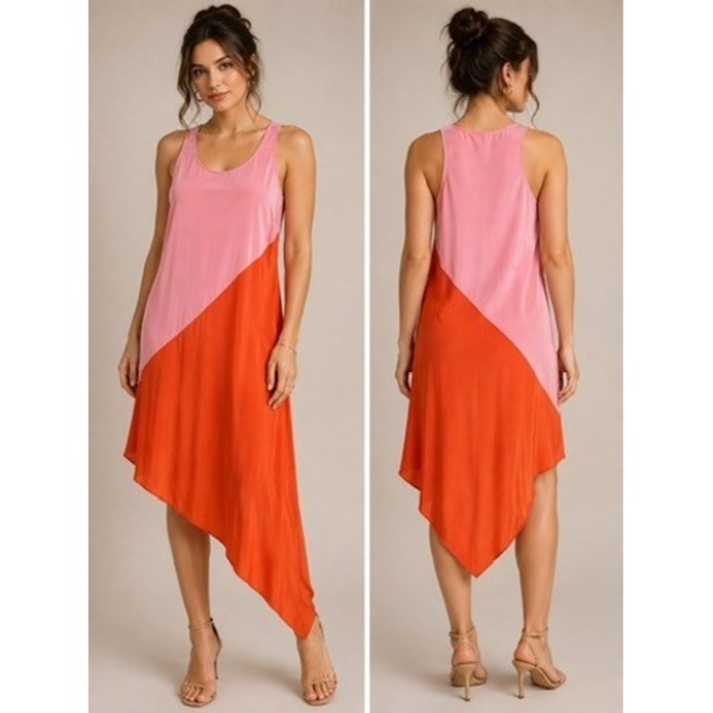 Madison Marcus Dress Womens S Pink Orange Excellent 100% Silk Asymmetrical Midi